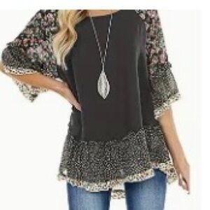 Animal- Floral-Trim Black Women’s Peplum Top ruffles boho
